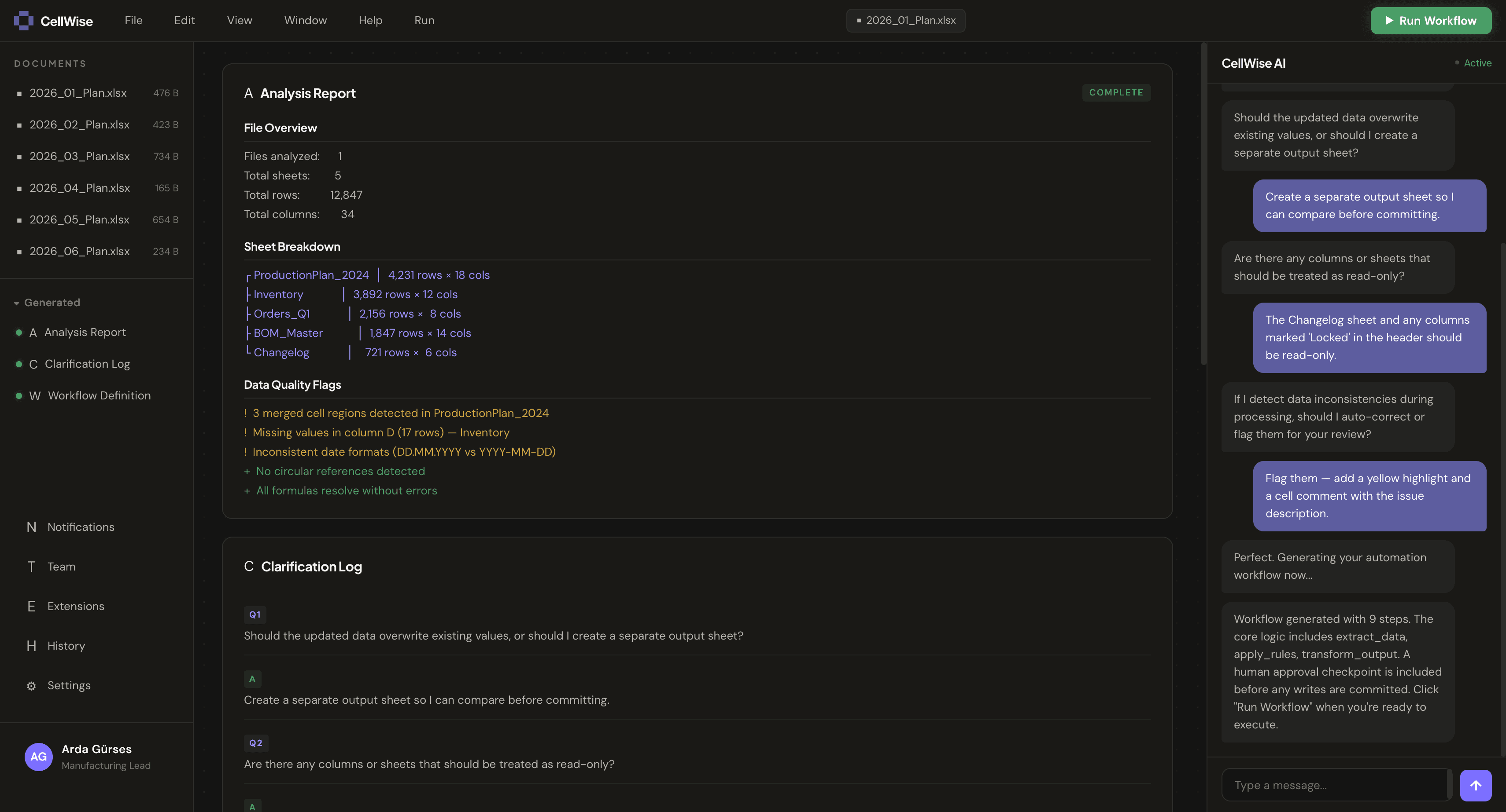 CellWise ERP Bridge interface showing data analysis and simulation